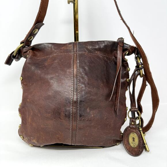 Fossil Purse Brown Leather Studded Should Bag Vintage Retro Western Country Boho - Picture 1 of 15